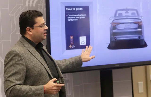 Introducing the Audi Traffic Light Information system's Time-to-Green feature in Las Vegas (2017).