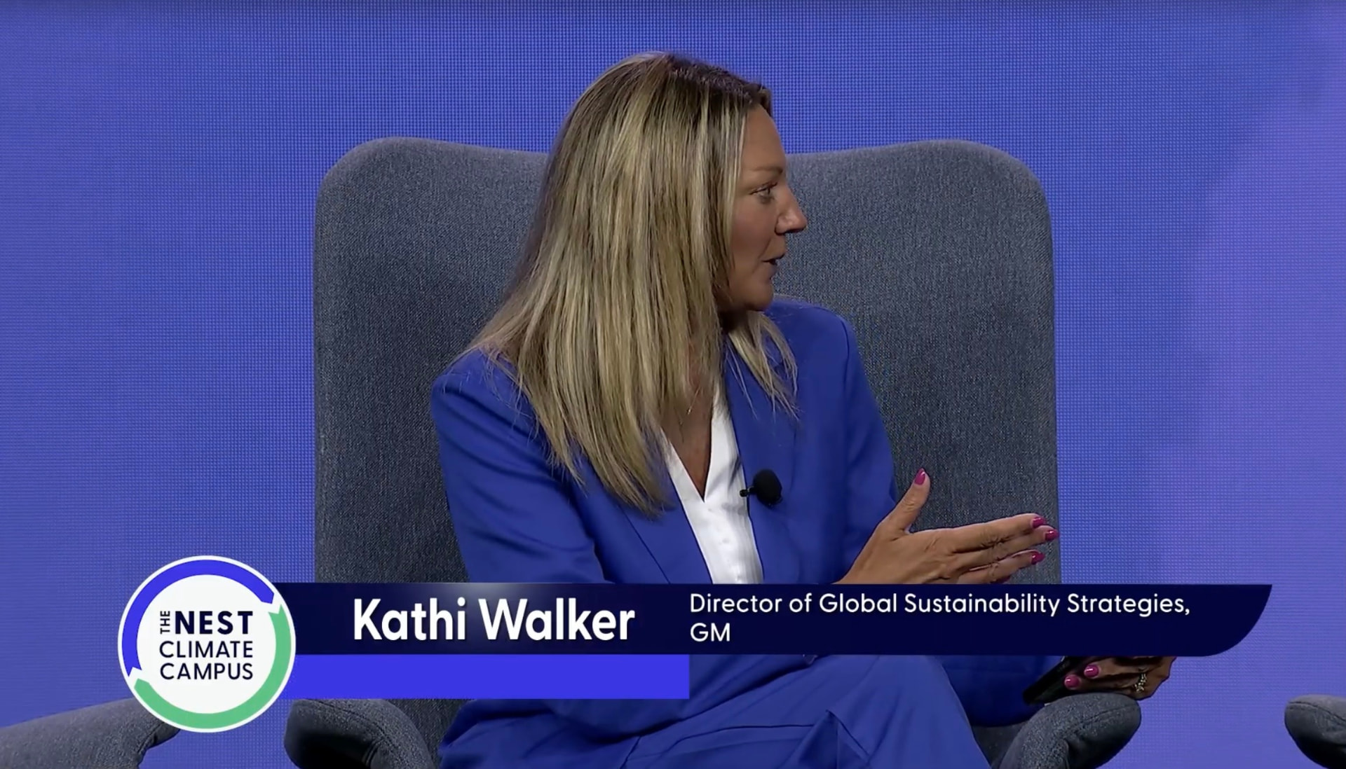 Kathi leading a panel on sustainable materials for automotive interiors, highlighting innovative approaches to circularity.