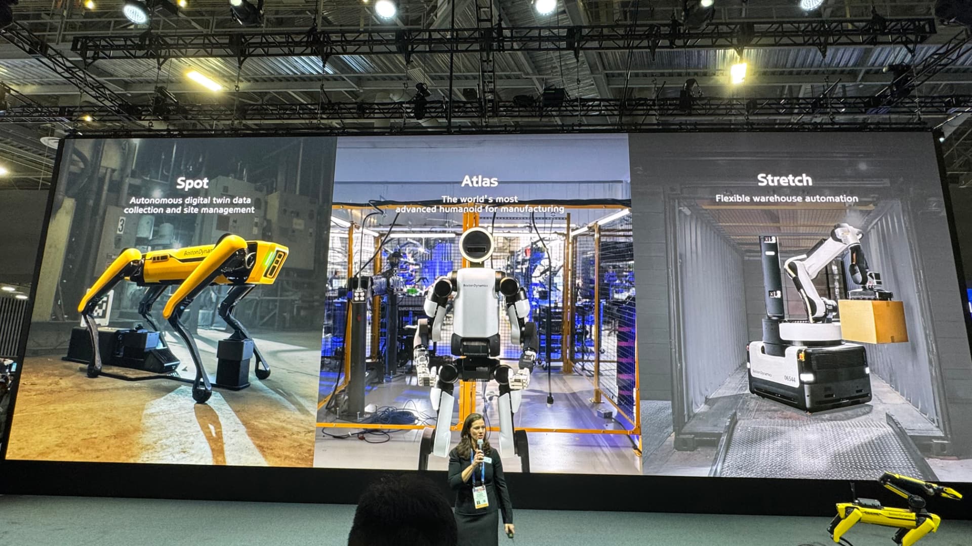 A Boston Dynamics presentation showing Spot, Atlas and Stretch robots