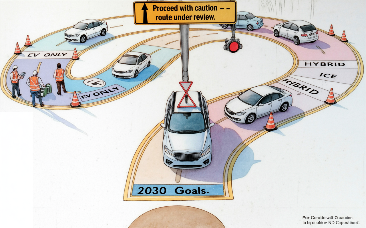 Illustration of hybrid, gas and electric vehicles coexisting in the showroom