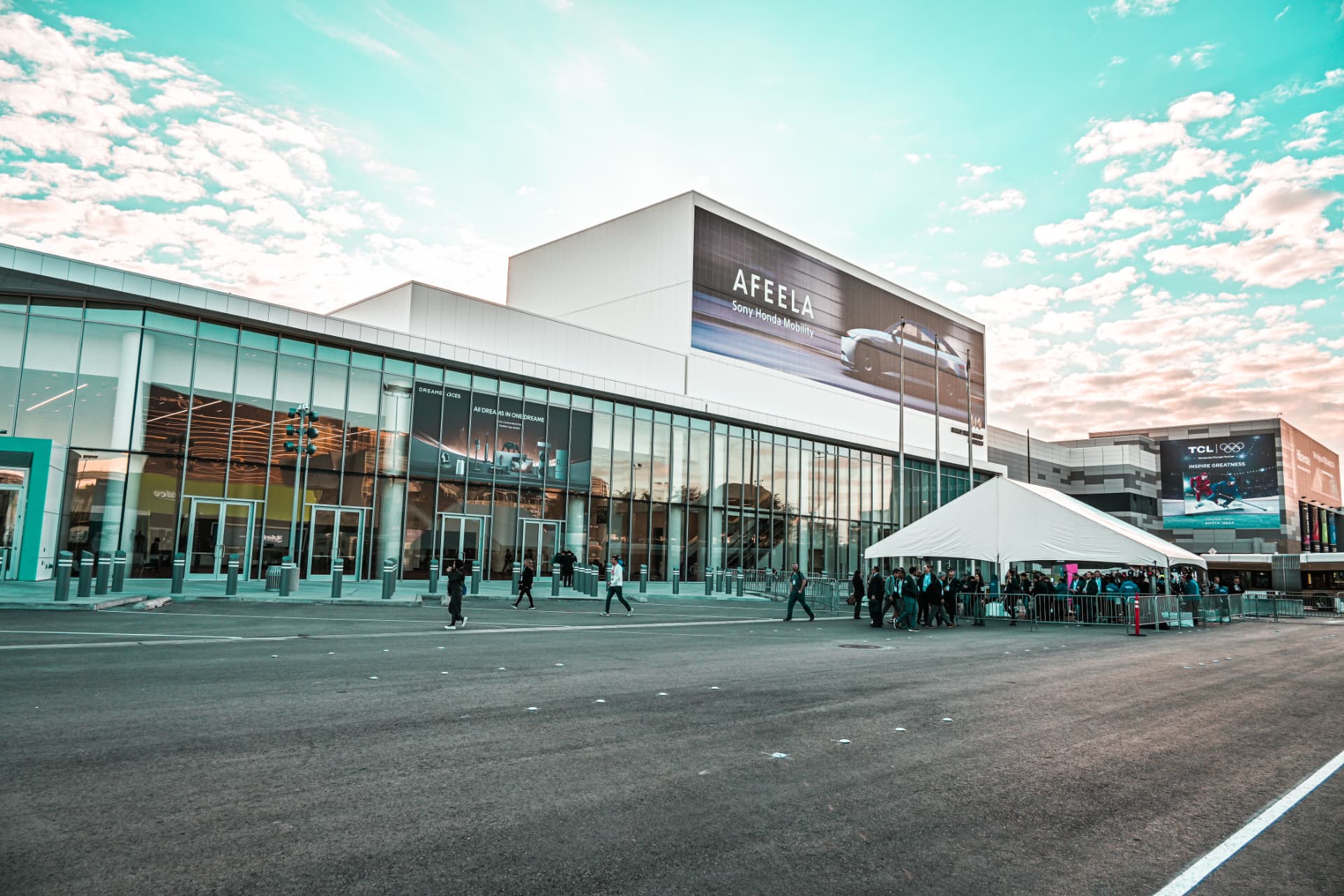 The Las Vegas Convention Center West Hall at CES 2026, with a large AFEELA by Sony Honda Mobility banner above the entrance