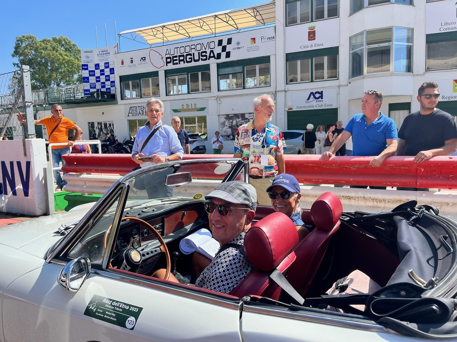 Rob and Sharon participating in a vintage car road rally in Sicily. That's a 1970 Fiat Spyder.