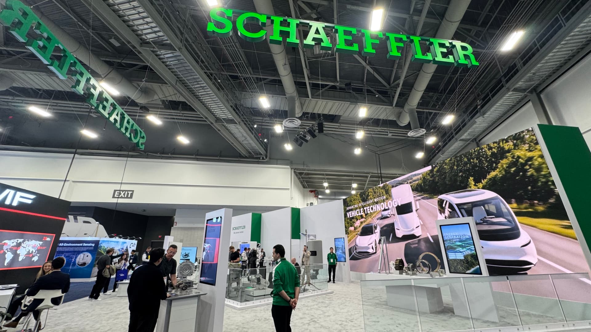 The Schaeffler stand at CES 2026 with a vehicle technology display wall