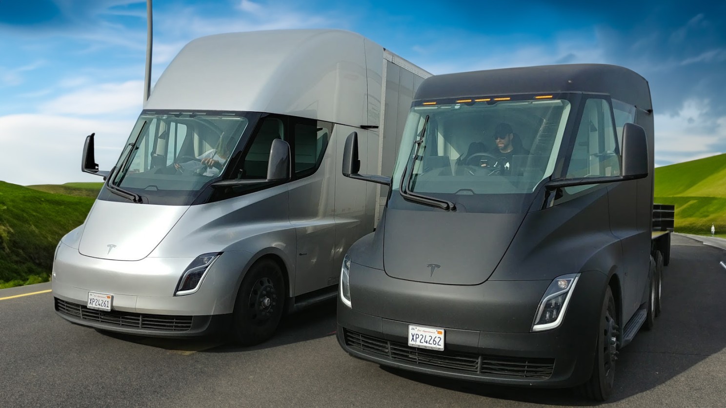Two Tesla Semi prototypes at a Supercharging station