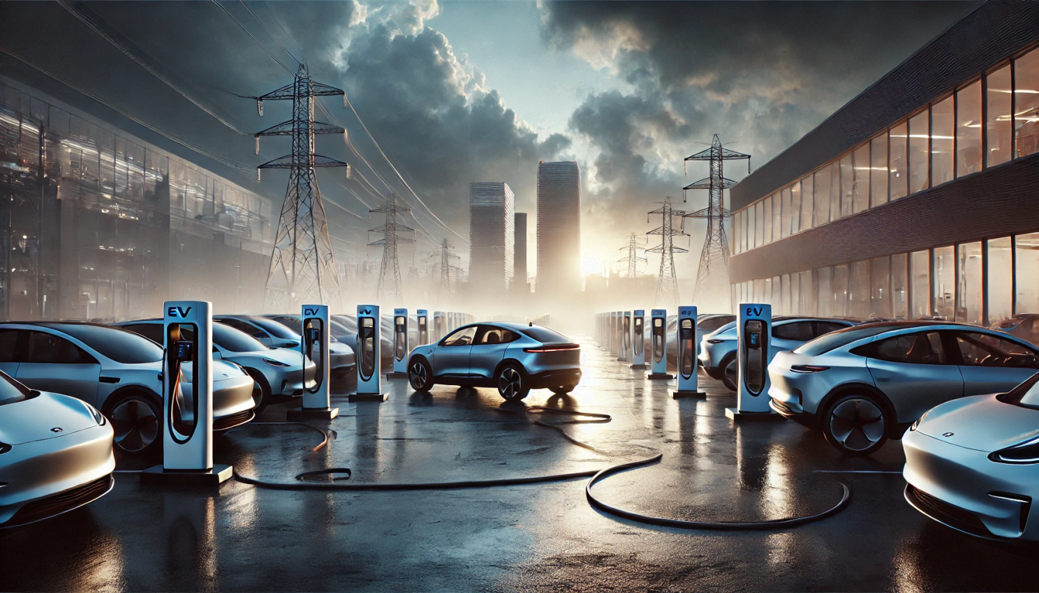 Illustration of EVs sitting unsold on a dealership lot