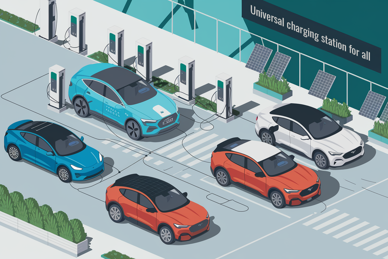 Illustration of automakers and charge point operators standardizing on the NACS connector